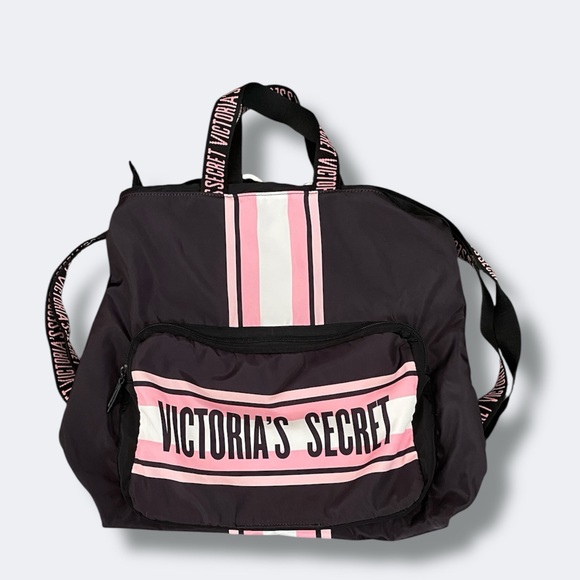 Victoria's Secret Black Pink Stripe Nylon Backpack Travel Pool Summer Beach Bag - Picture 3 of 10